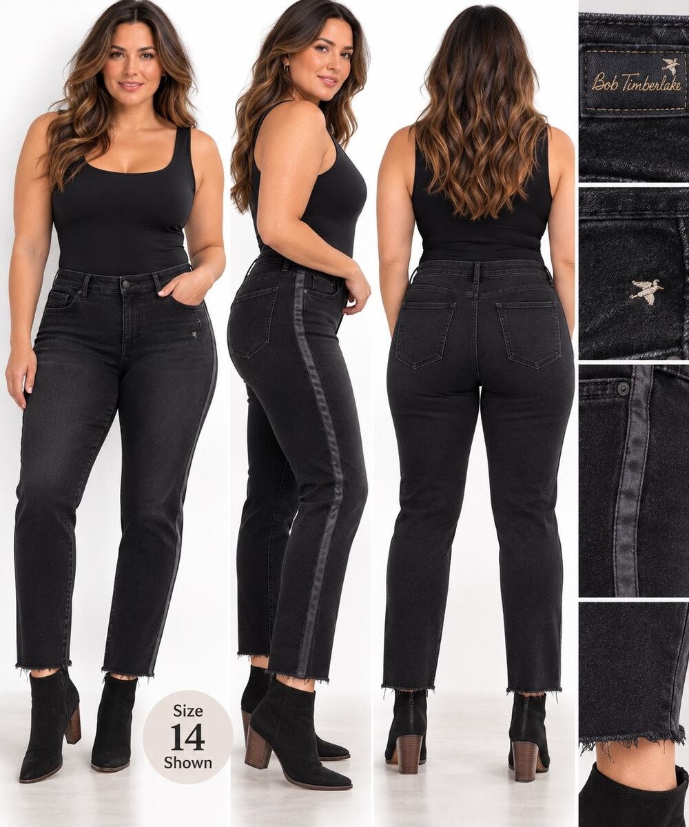 NWT! Bob Timberlake Blackwash Stretch Side Stripe Frayed Jeans - BLACK - 14